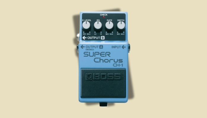 Boss CH-1 Super Chorus pedal featuring Effect Level, EQ, Rate, and Depth knobs for creating the crystalline, dimensional modulation heard in signature guitar passages.