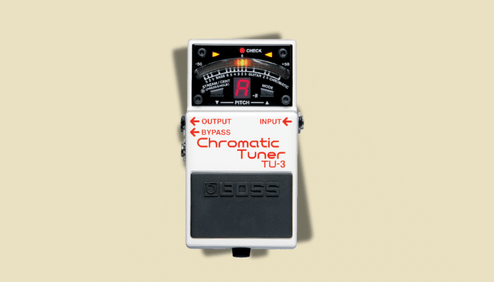 Boss TU-3 Chromatic Tuner is used to ensure precise tuning with its high-visibility LED meter and buffer circuit for signal integrity.