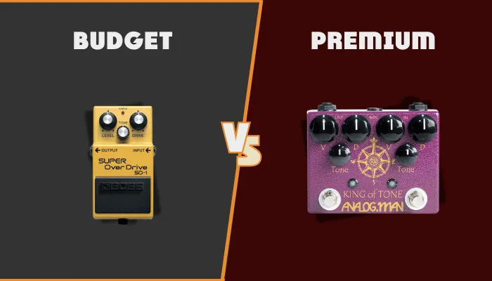 Visual comparison of budget and premium guitar pedals.