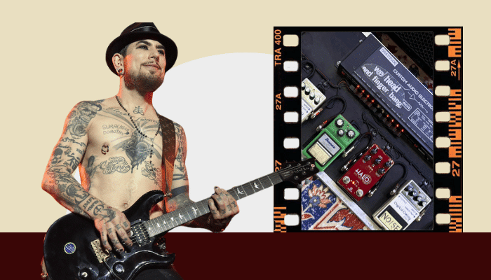Dave Navarro performing live on stage with his guitar, alongside an image of his pedalboard setup.