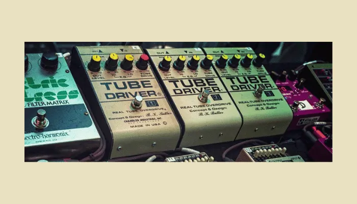 David Gilmour’s pedalboard featuring three Tube Driver pedals, a key part of his smooth, sustaining lead tones in Pink Floyd’s later era.