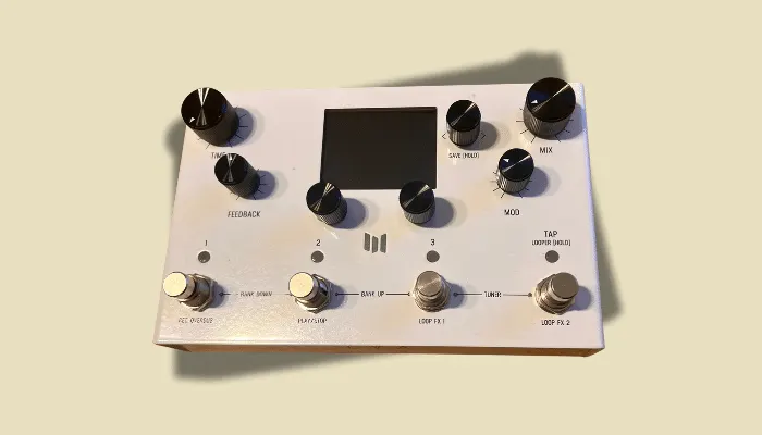 Meris LVX digital delay pedal with control knobs and LED display.