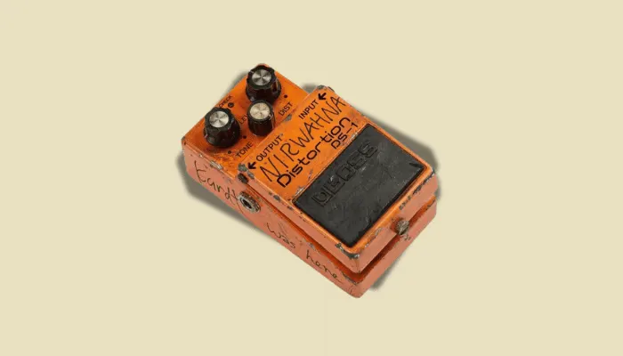 Kurt Cobain’s original BOSS DS-1 distortion pedal, famously used during Nirvana’s early recordings and tours.