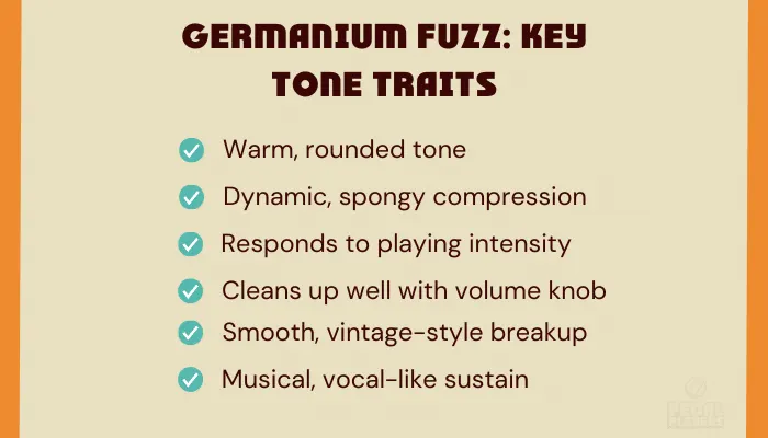 Infographic listing six key tone characteristics of germanium fuzz pedals, including warm tone, dynamic compression, and volume knob cleanup.