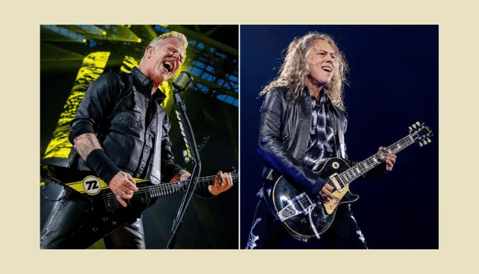 James Hetfield and Kirk Hammett of Metallica, pioneers of modern metal tone, known for using pedals like the ProCo RAT and BOSS Metal Zone to shape their aggressive guitar sound.