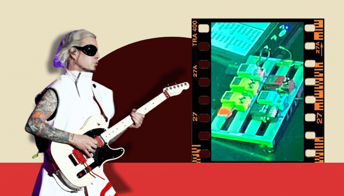 John 5 pedalboard setup featuring a live shot of John 5 performing and a close-up of his BOSS effects pedals used on tour.