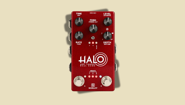 Keeley Halo Delay pedal featuring dual echo functionality with five delay rhythms, tap tempo, and up to 1500ms delay time for creating lush, ambient guitar textures.