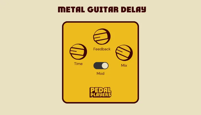 Metal guitar delay pedal settings with knobs for time, feedback, and mix.