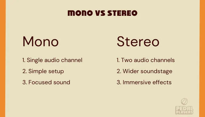 Comparison chart showing mono vs stereo guitar pedals with key features listed.