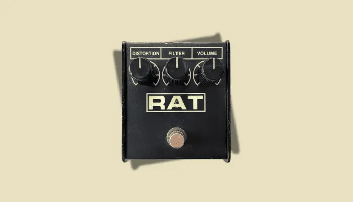 ProCo RAT distortion pedal, known for its gritty, high-gain tone that sits between fuzz and distortion.