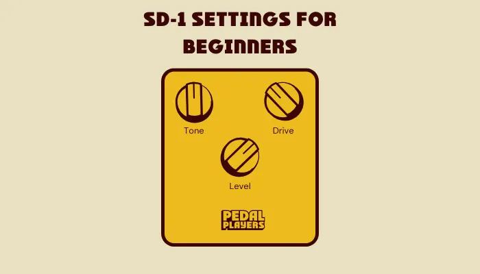 SD-1 settings for beginners diagram showing tone knob at 12 o'clock, drive knob at 10 o'clock, and level knob at 2 o'clock
