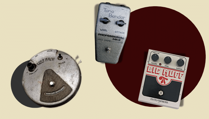 Close-up of three iconic fuzz pedals: a vintage Fuzz Face, a Sola Sound Tone Bender, and an Electro-Harmonix Big Muff, representing classic germanium and silicon fuzz designs.