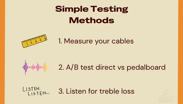 Guitar pedal testing methods guide showing three steps to test for tone suck and determine if you need a buffer pedal in your signal chain