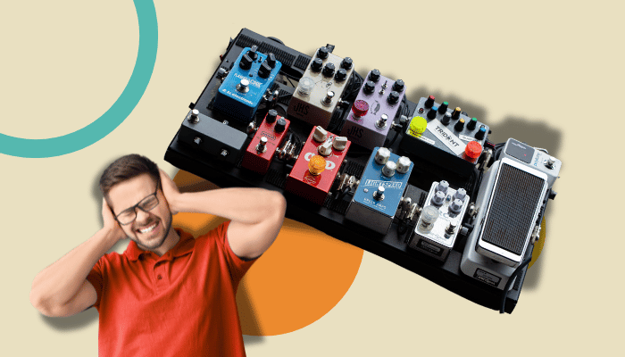 Guitar pedal chain setup showing proper unity gain settings on overdrive, delay, and chorus pedals for balanced volume levels and cleaner tone when switching effects.