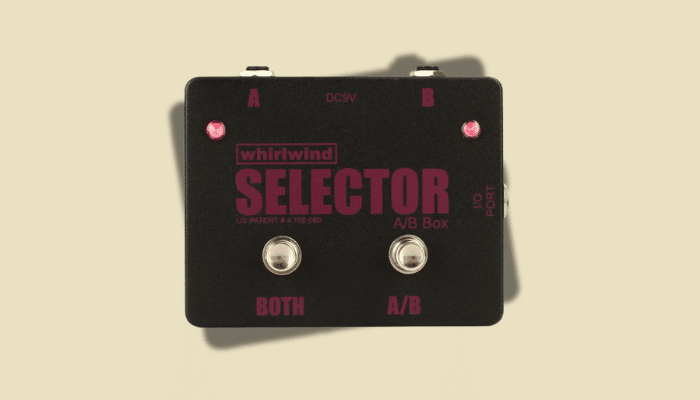 Whirlwind Selector A/B Switch featuring patented noiseless optical switching technology, LED indicators, and A/B/A+B functionality for seamlessly controlling multiple signal paths in professional guitar rigs.