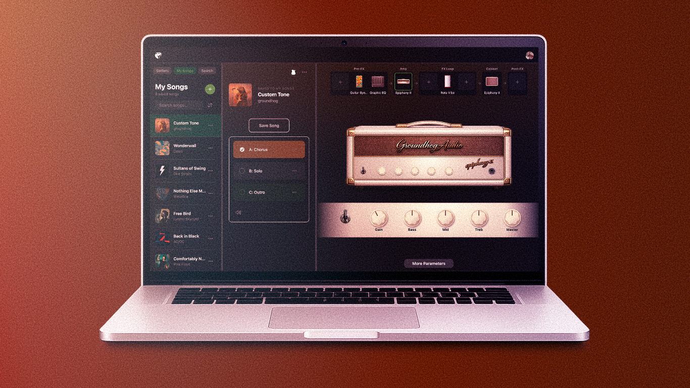 This Spotify-style search app sends a guitar tone to a pedal at your feet.