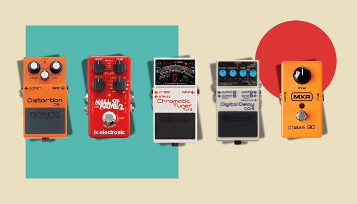 Best guitar pedals for beginners starter kit showing Boss DS-1 distortion, TC Electronic Hall of Fame reverb, Boss Super Overdrive, Boss DD-8 delay, and MXR Phase 90 phaser pedals