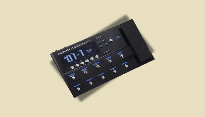 Boss GT-1000 multi-effects unit – sleek black floorboard with screen, footswitches, and expression pedal.