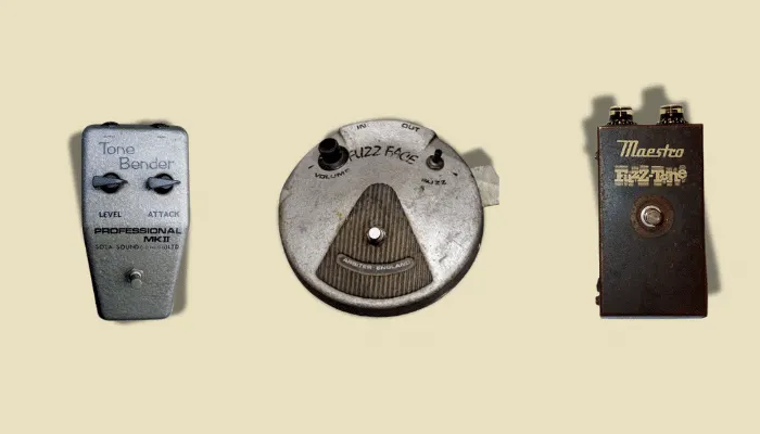 Three of the first fuzz pedals: Tone Bender, Fuzz Face, and Fuzz Tone.