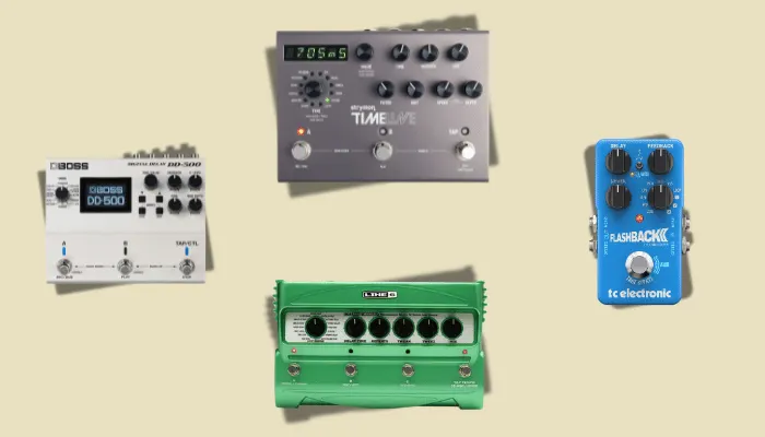 Four digital delay pedals: Boss DD-500, Strymon Timeline, Line 6 DL4, and TC Electronic Flashback 2