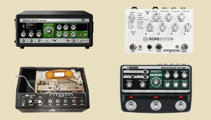 Four tape delay units: Roland Space Echo RE-201, Echoplex EP-3, Empress Echosystem, and Boss RE-202