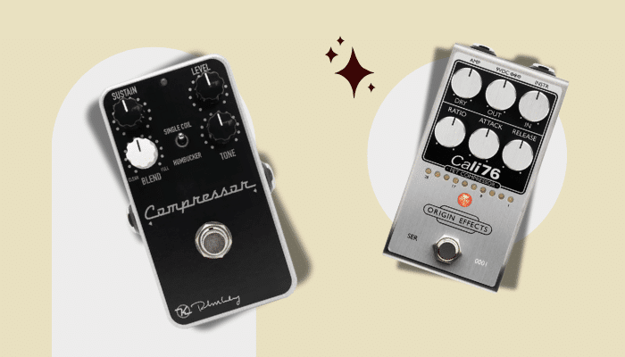 Keeley Compressor Plus and Origin Effects Cali76 compressor pedals side by side, showing two popular options for using compressor pedal as boost for guitar solos
