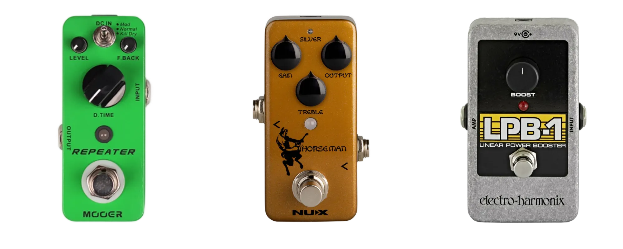Three budget pedals together: a Mooer Repeater, a NUX Horseman, and an EHX PB-1.