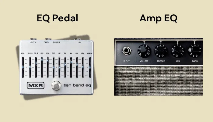 Guitar EQ pedal with sliders next to amp EQ with three control knobs.