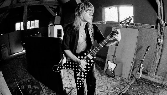Randy Rhoads playing live in the early 1980s — a known user of the MXR Distortion+ pedal.