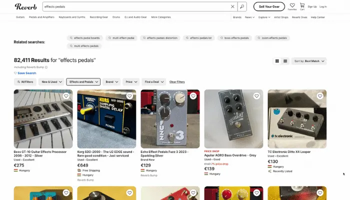 Screenshot of Reverb marketplace search results showing used effects pedals for sale with prices and condition listings.