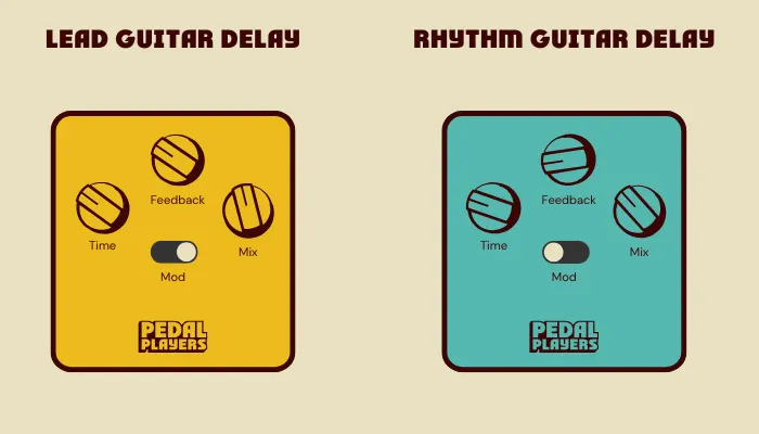 Lead and rhythm guitar delay pedal settings with knobs for time, feedback, and mix.