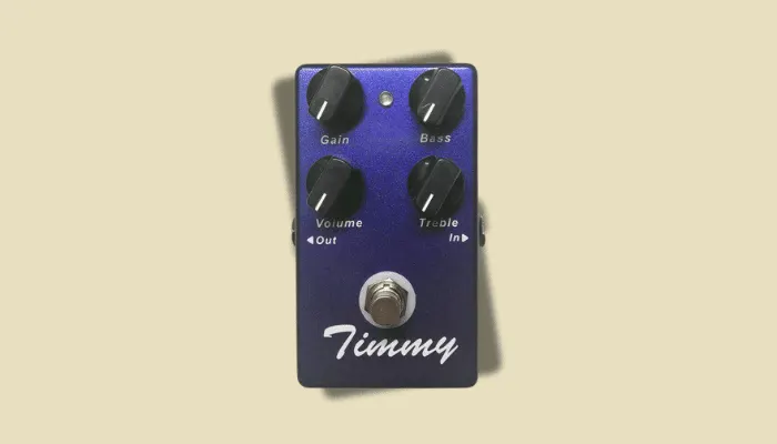 Photo of the Paul Cochrane Timmy overdrive pedal, known for its transparent tone and reverse-wired Bass and Treble controls.