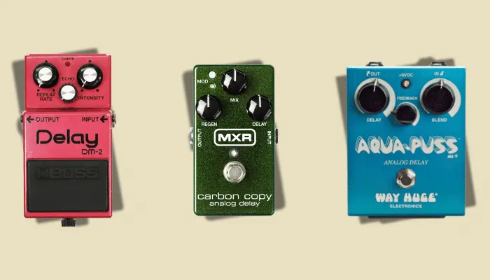 Three analog delay pedals: Boss DM-2, MXR Carbon Copy, and Way Huge Aqua Puss
