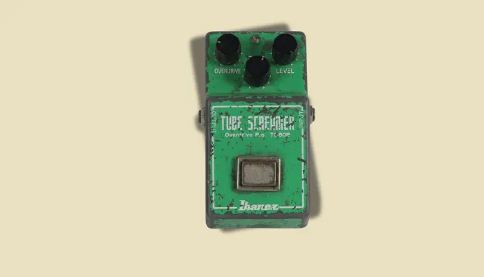 Close-up of Stevie Ray Vaughan’s Ibanez TS808 Tube Screamer overdrive pedal, a key part of his iconic blues guitar tone.